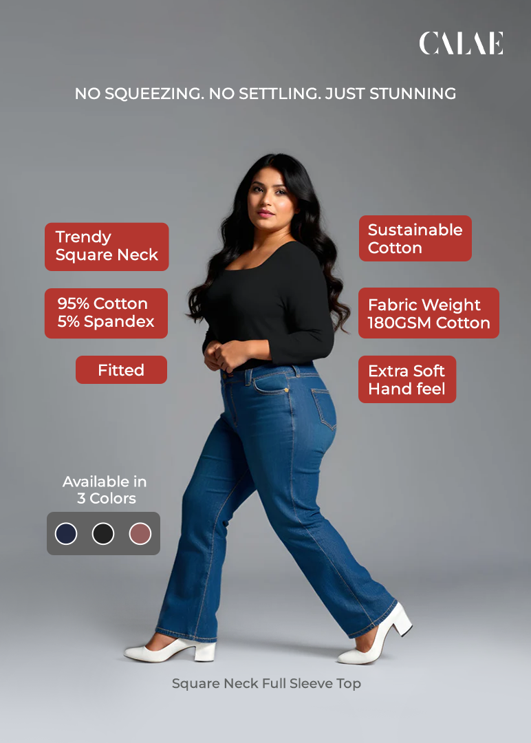 Black Plus-Size Square Neck Full Sleeves Top