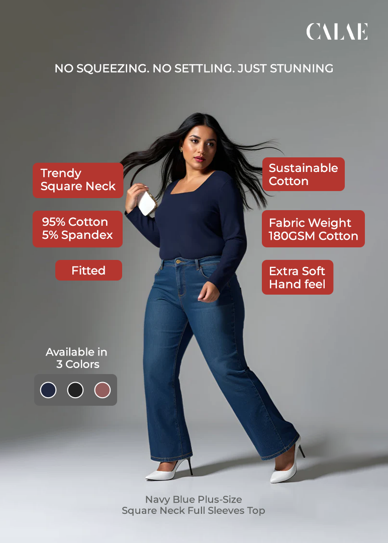Navy Blue Plus-Size Square Neck Full Sleeves Top