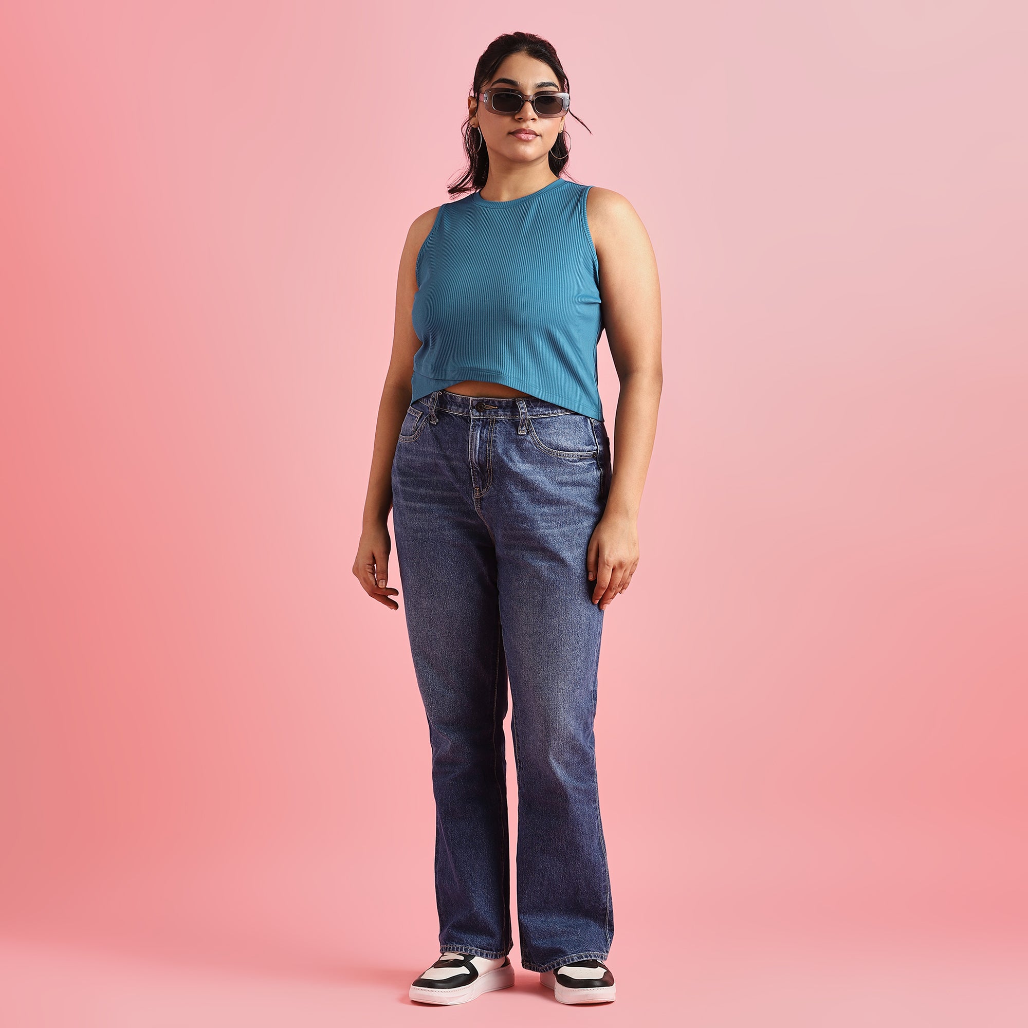 Teal Rib Plus Size Asymmetric Crop Top