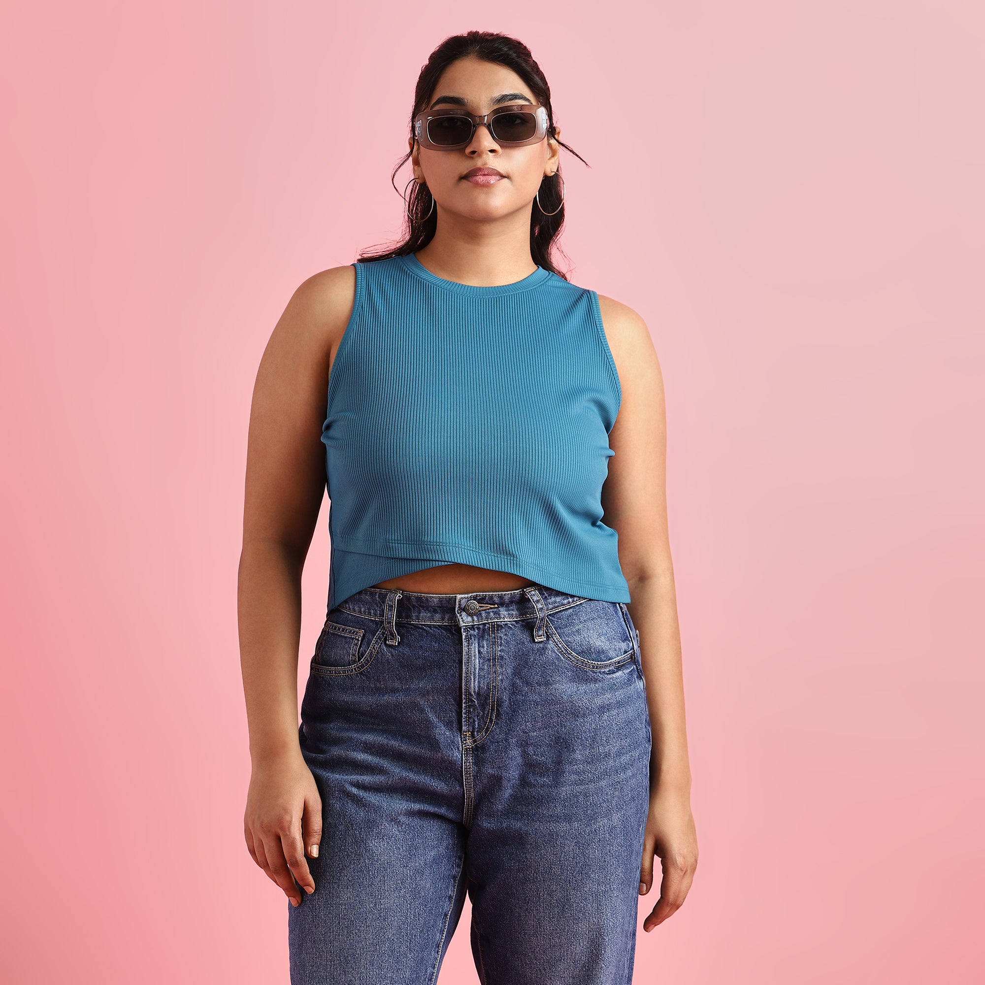 Teal Rib Plus Size Asymmetric Crop Top