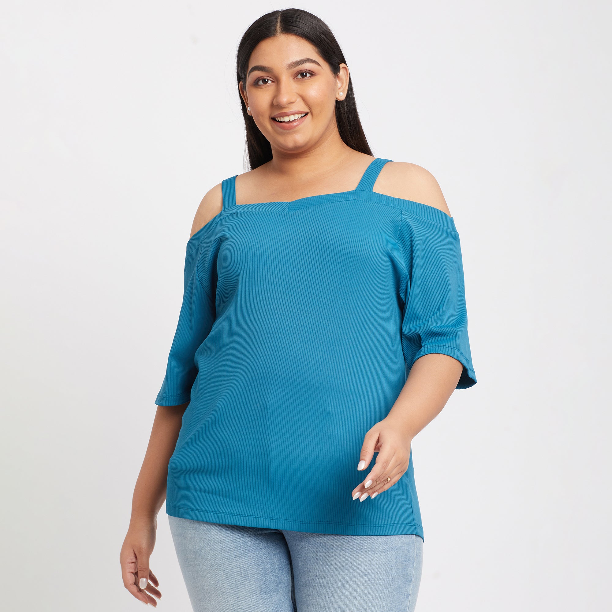 Front close-up of a teal off shoulder knit top with a ribbed design