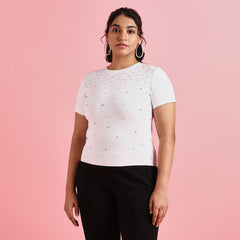 White Plus Size Rhinestone Embellished 4-Way Stretch Crop Top