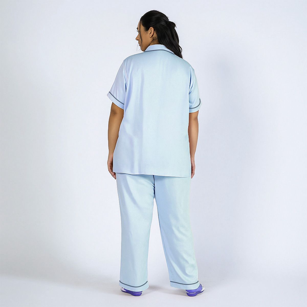 Plus Size Blue Cotton Jersey Embroidered PJ Set