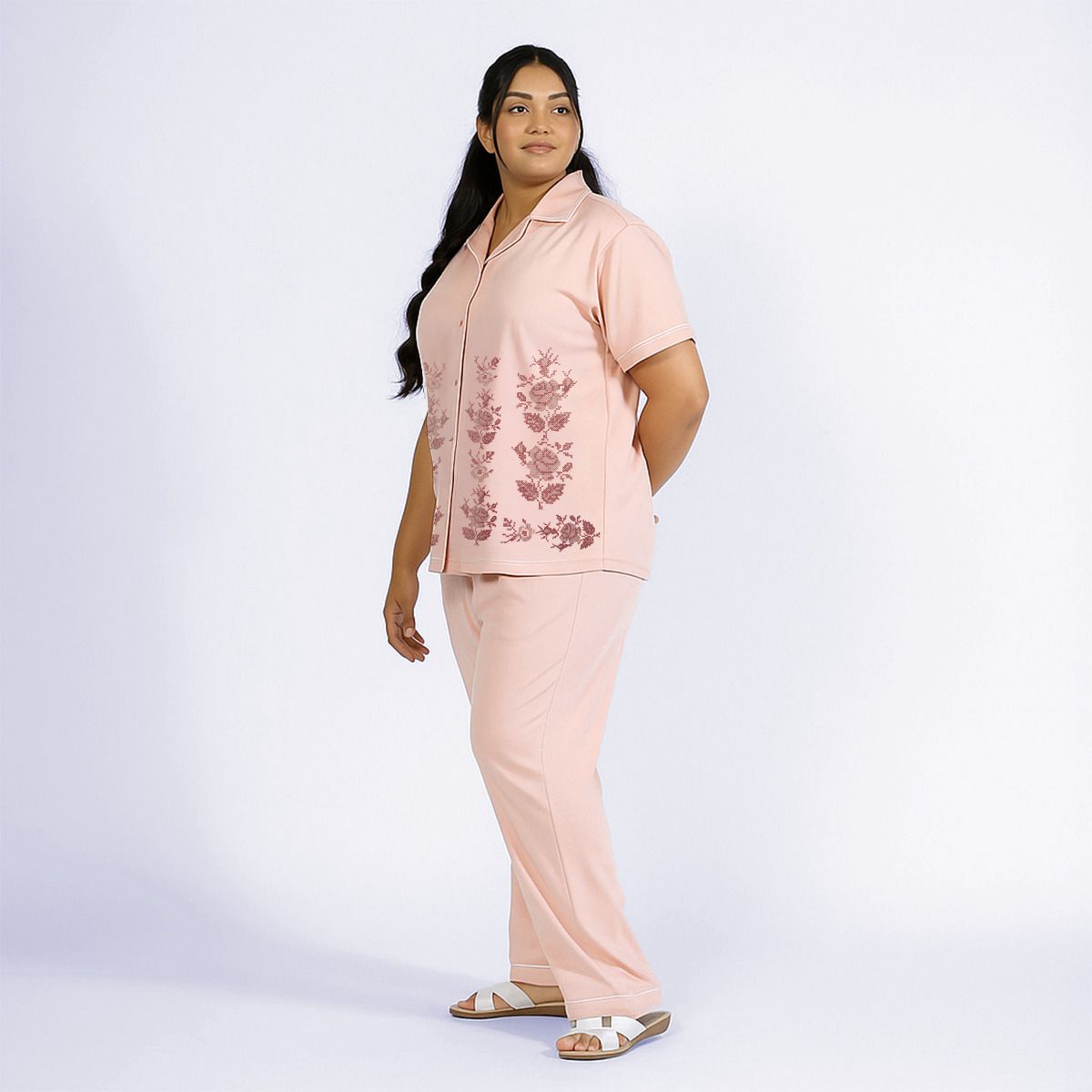 Plus Size Pink Cotton Jersey Embroidered PJ Set