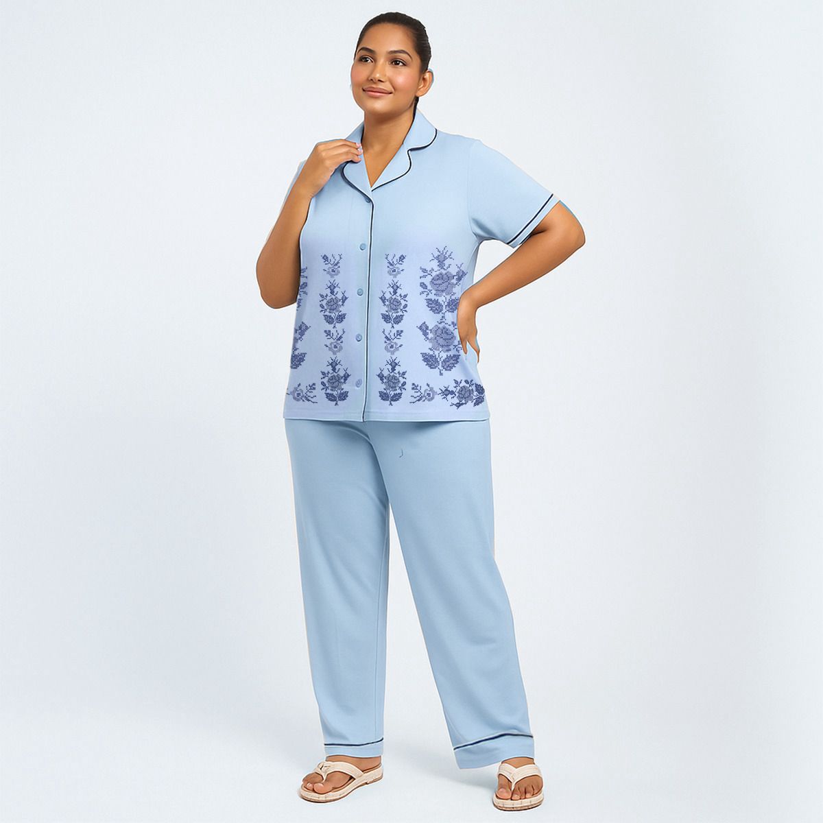 Plus Size Blue Cotton Jersey Embroidered PJ Set