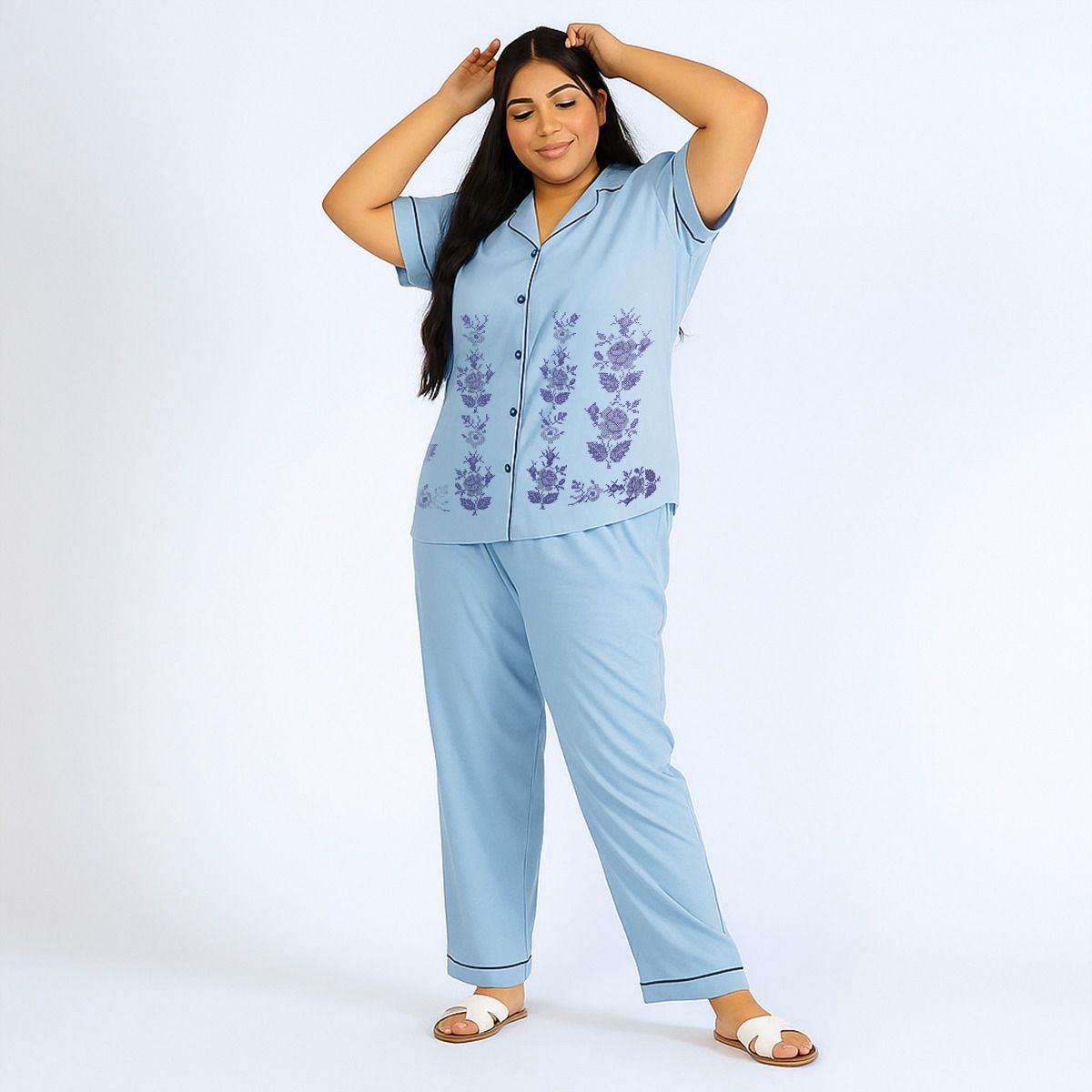 Plus Size Blue Cotton Jersey Embroidered PJ Set