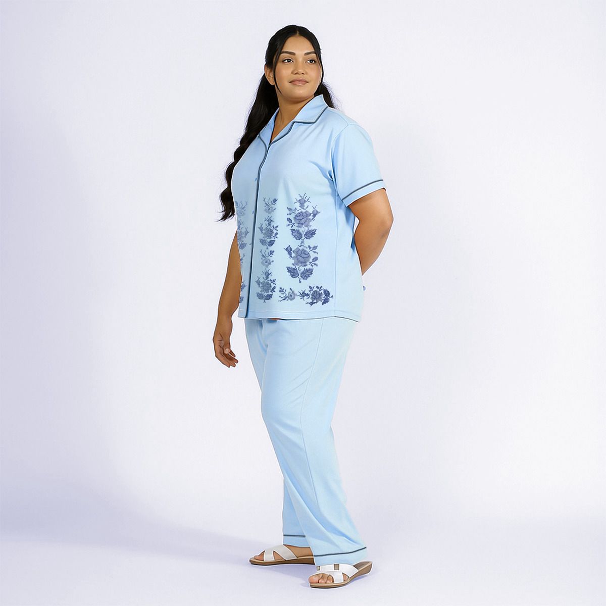 Plus Size Blue Cotton Jersey Embroidered PJ Set