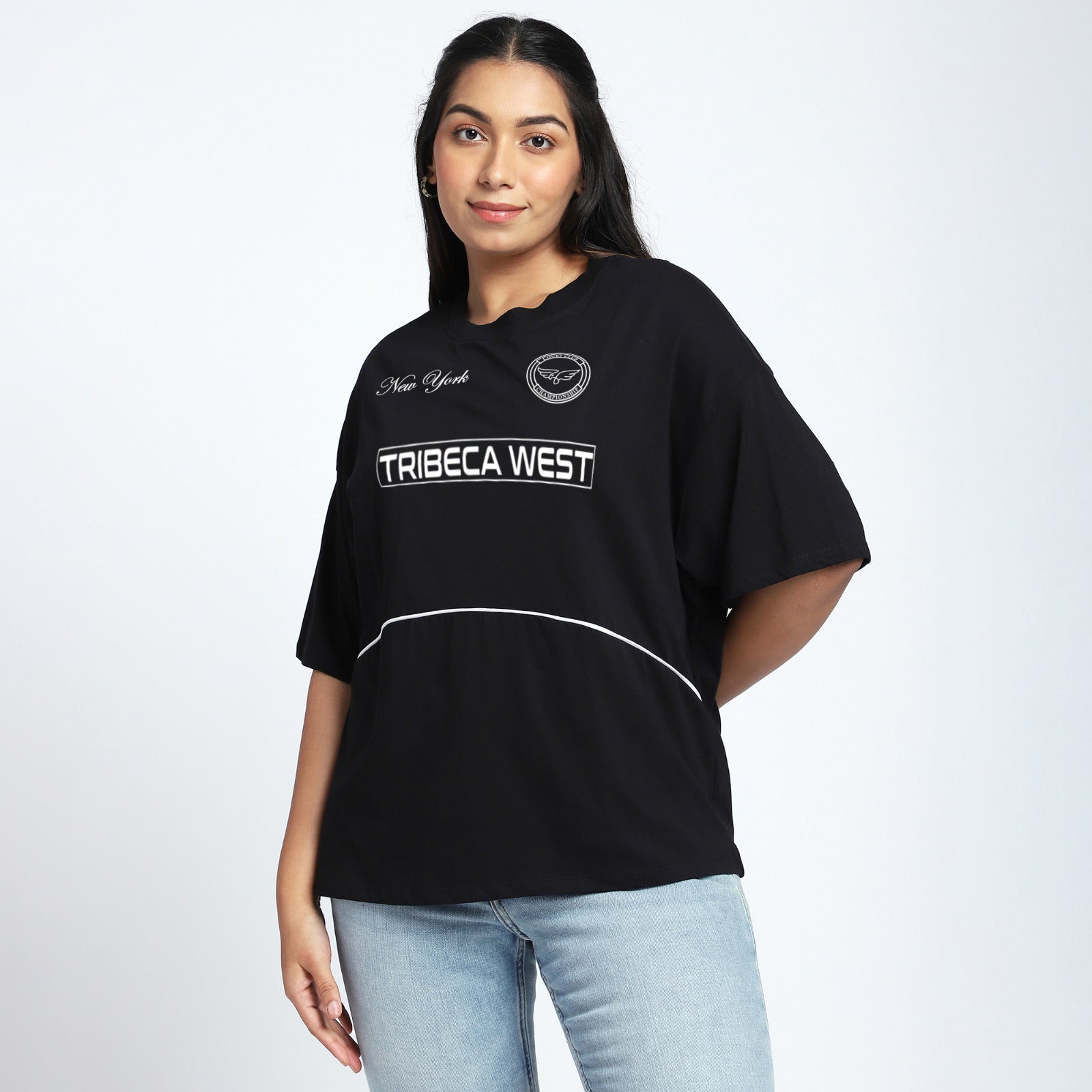 Plus Size Black Oversized Chest Print Tee with Contrast Piping