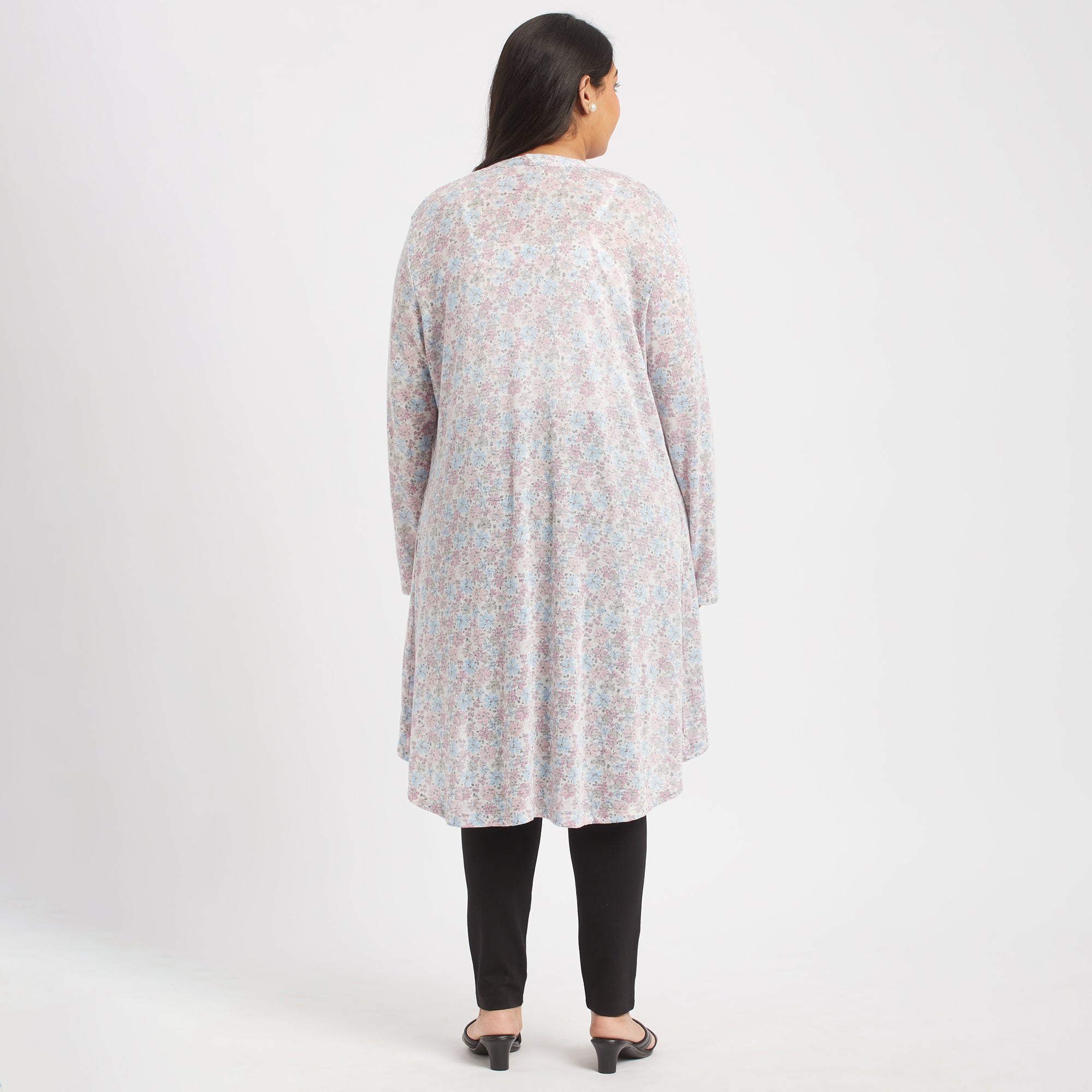 Back view of White printed plus size knit shrug