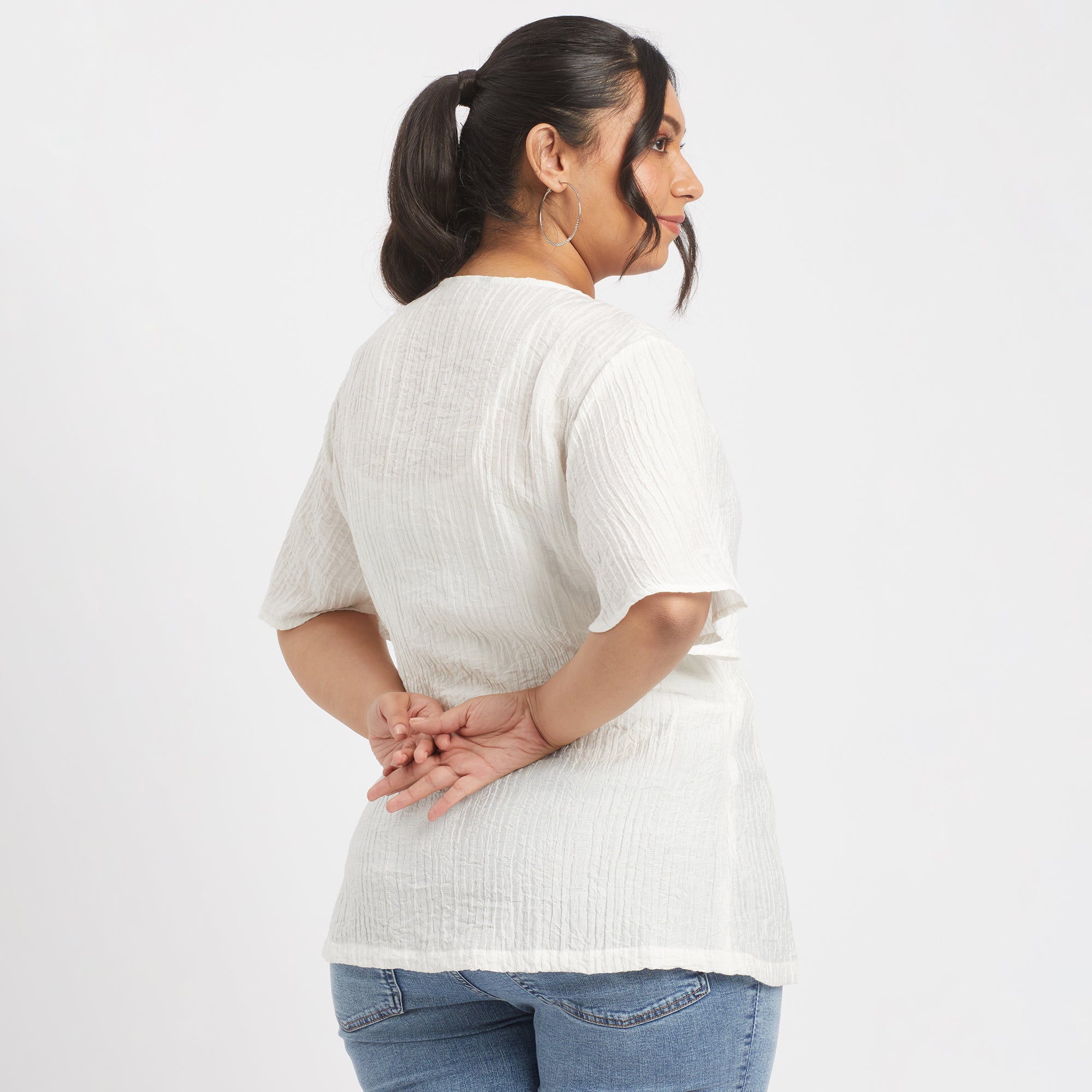 Back view of white viscose nylon plus size wrap top