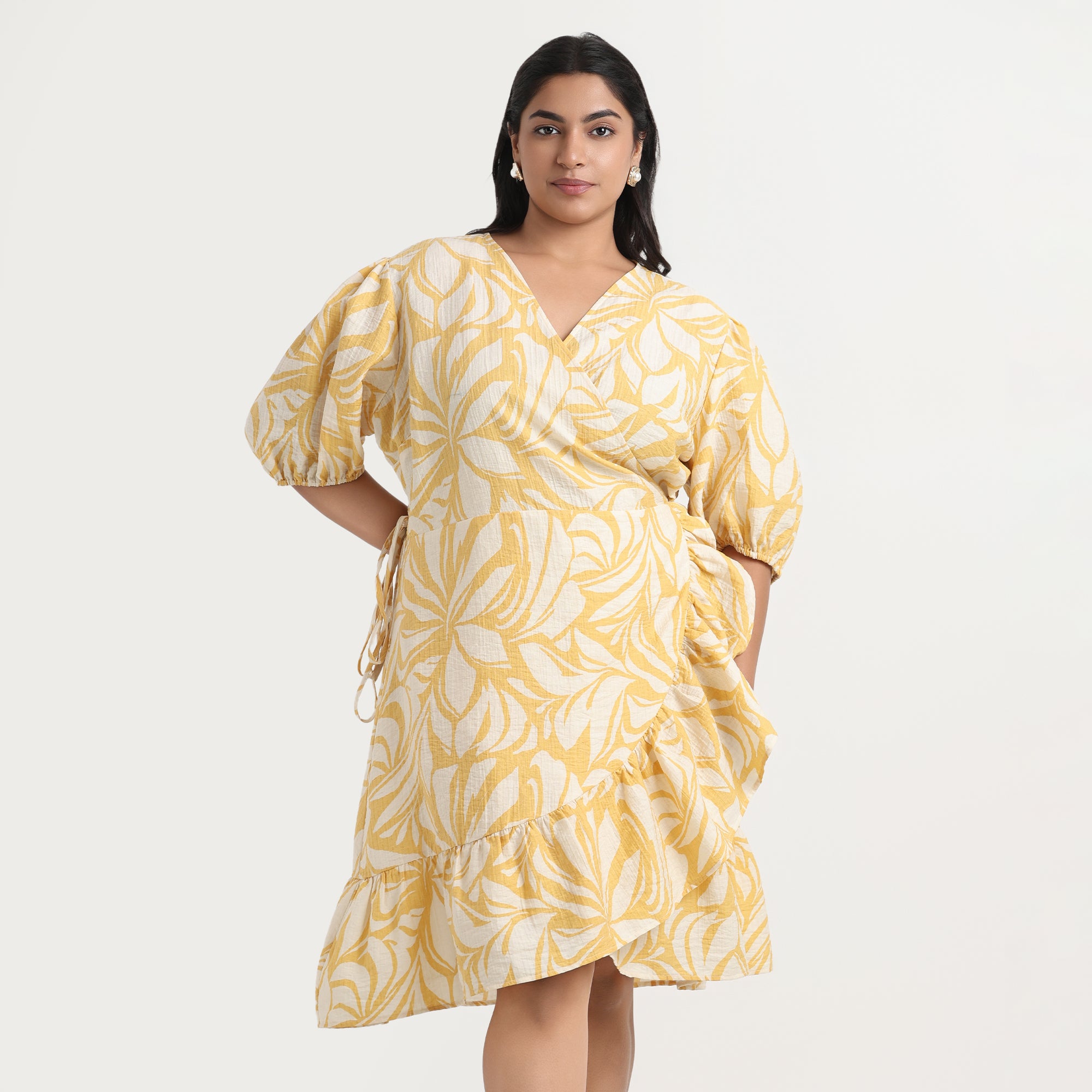 Plus Size Yellow Flowered Dress Plus Floral Jacquard Ruffle Maxi