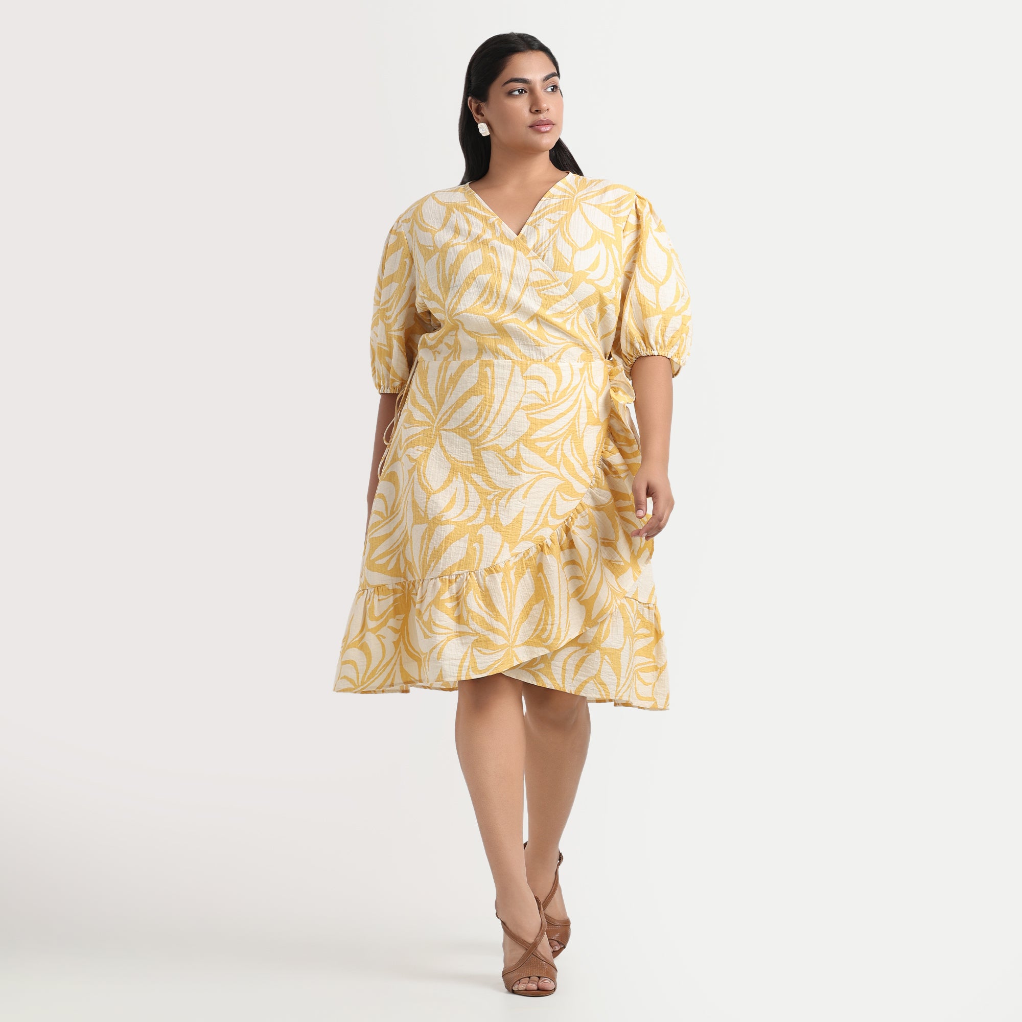 Plus-Size Yellow Printed Puff Sleeves Cotton Wrap Dress by CALAE Sizes Available L to 5XL