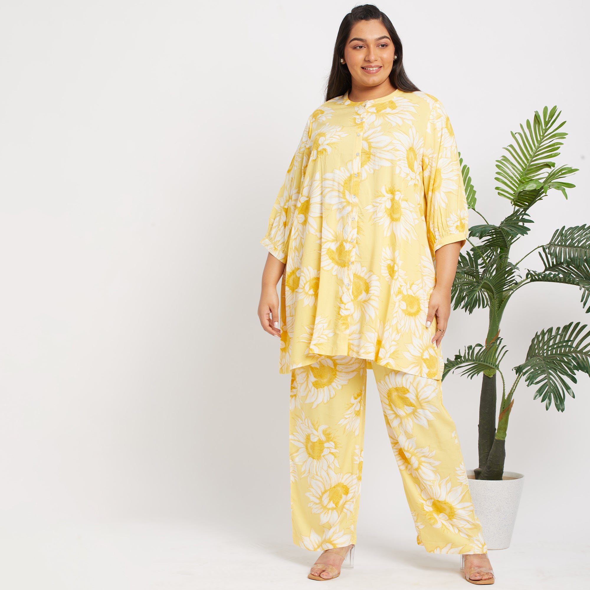 Front View of Yellow Floral Rayon Plus Size Ethnic Co-ord Set