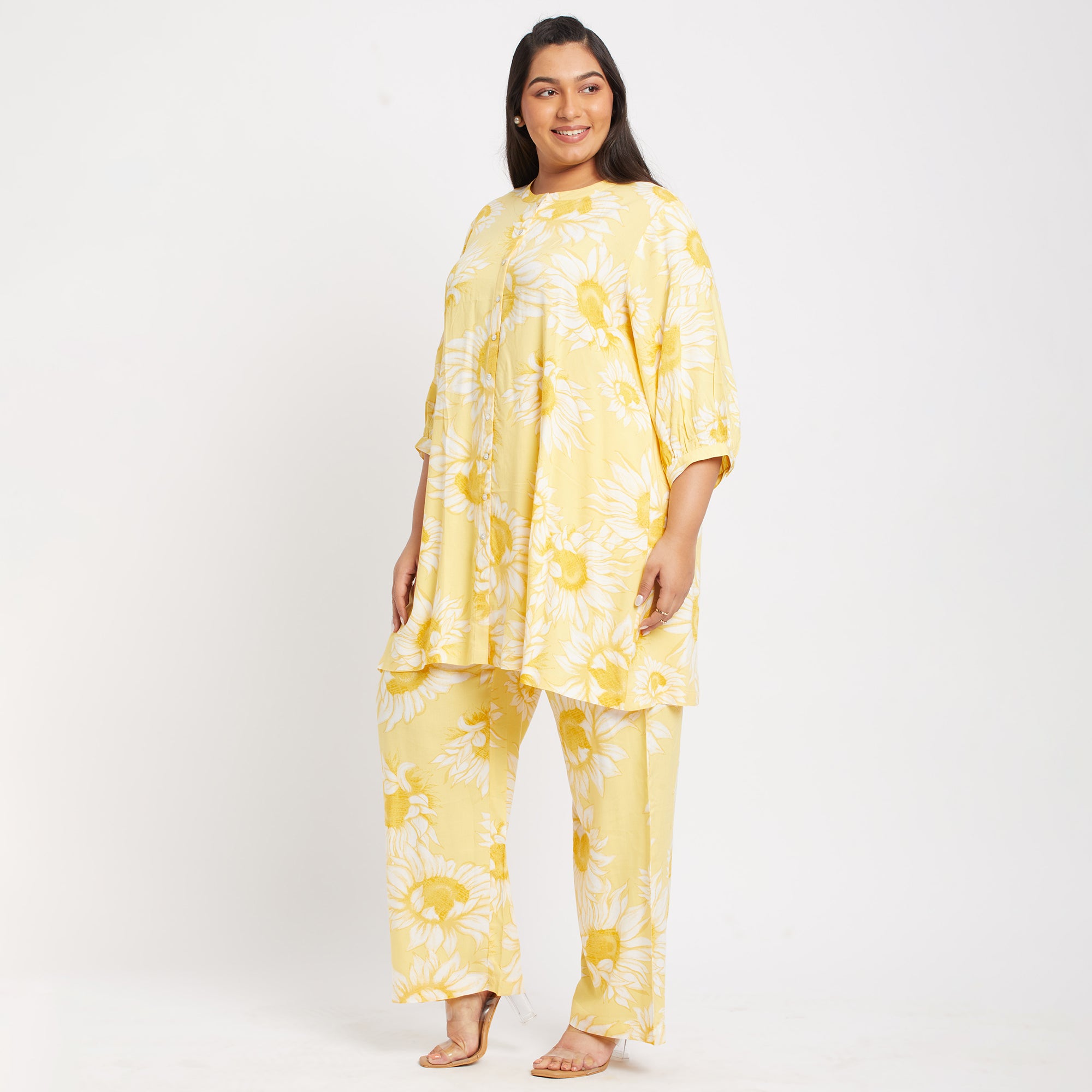 Front View of Yellow Floral Rayon Plus Size Ethnic Co-ord Set