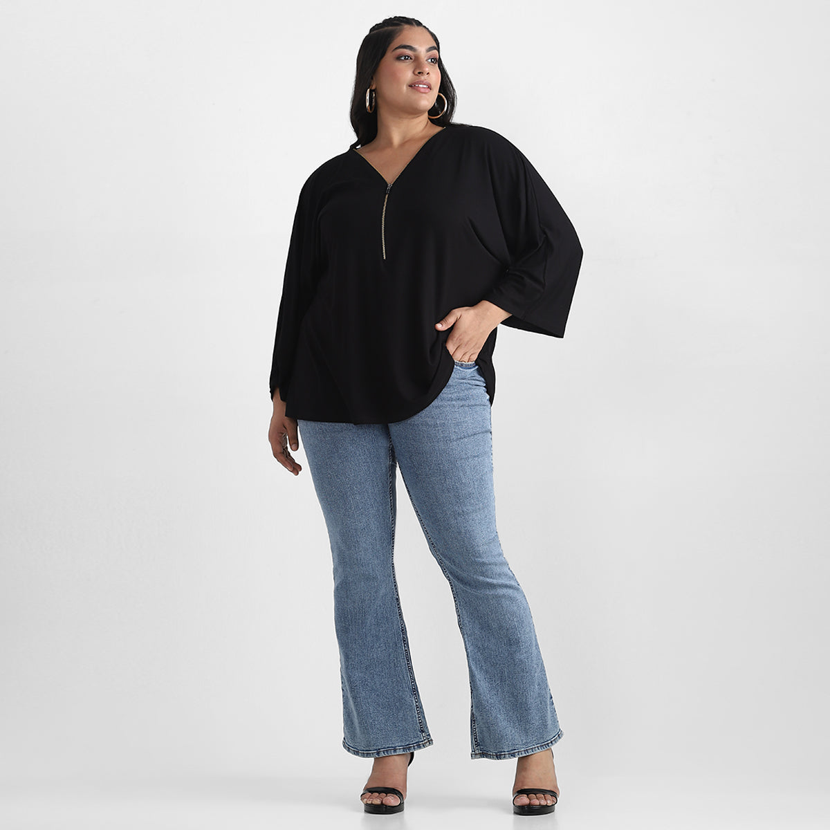 Front View of Zipper Detail Black V Neck Plus Size Viscose Top