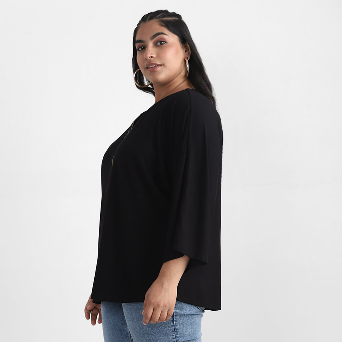Side View of Zipper Detail Black V Neck Plus Size Viscose Top