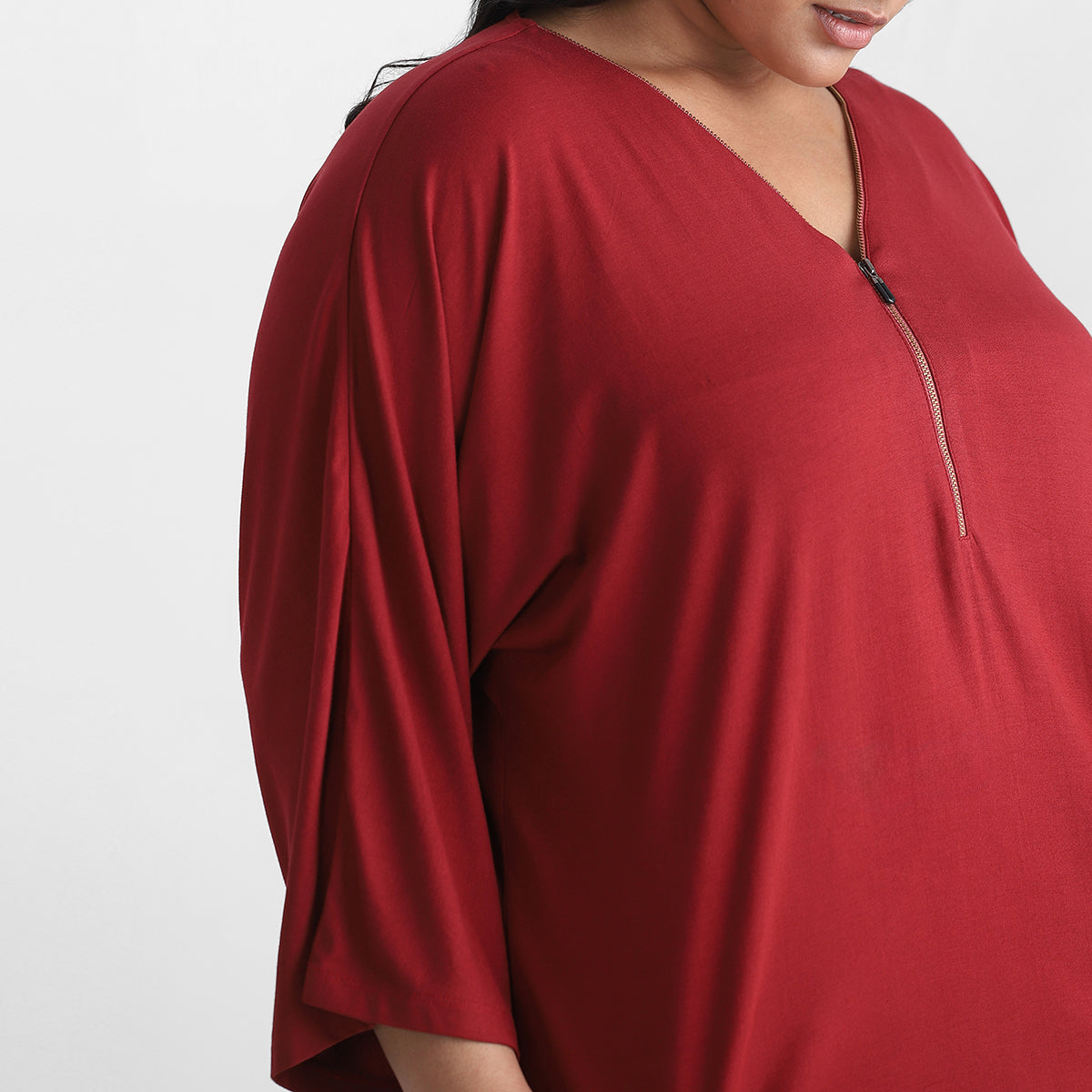 Front Close Up of Zipper Detail Black V Neck Plus Size Viscose Top
