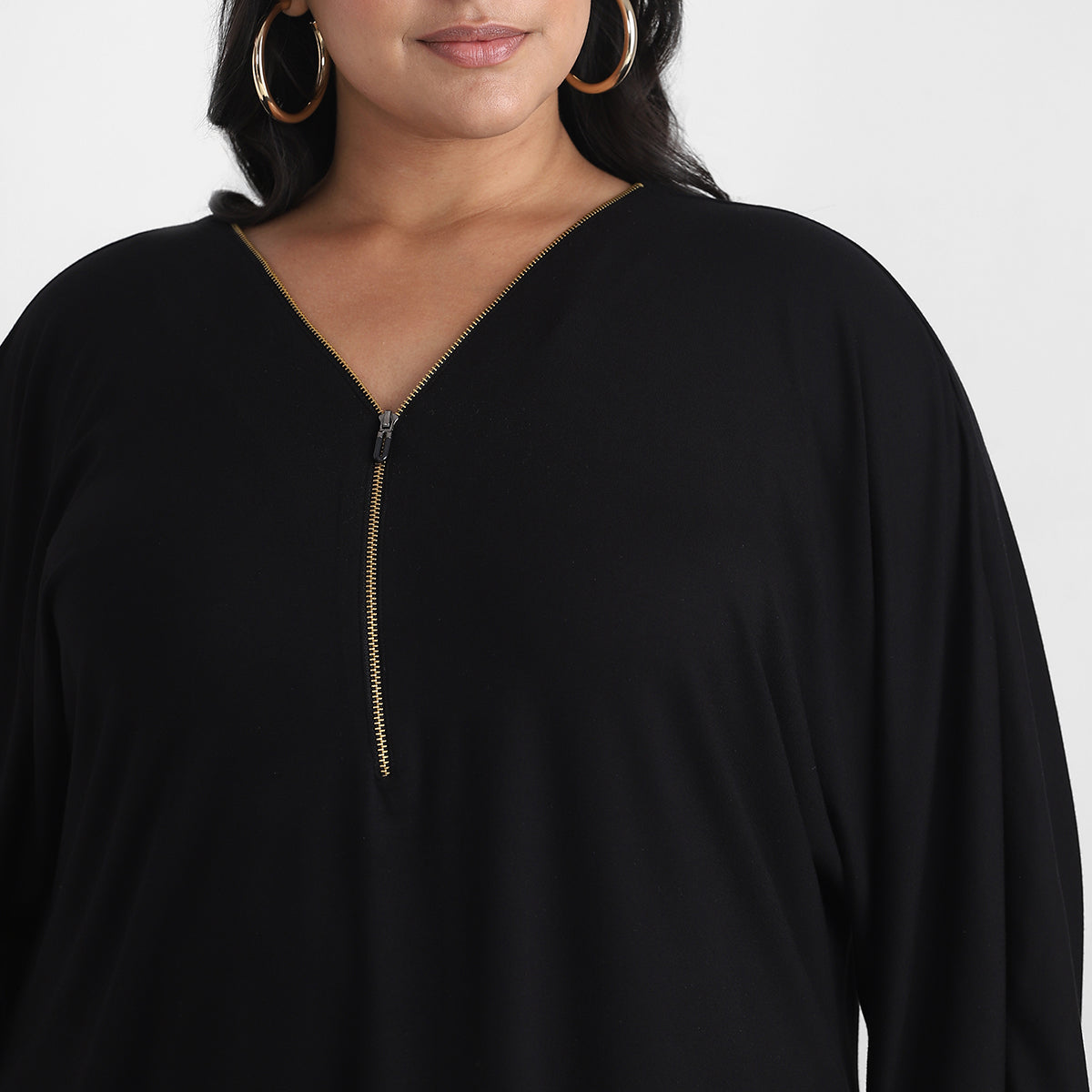 Front Close Up of Zipper Detail Black V Neck Plus Size Viscose Top
