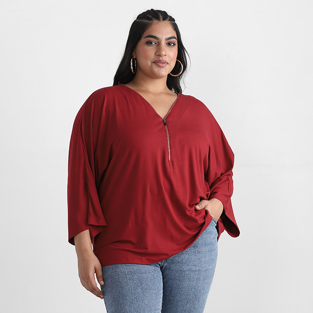 Front View of Zipper Detail Maroon V Neck Plus Size Viscose Top