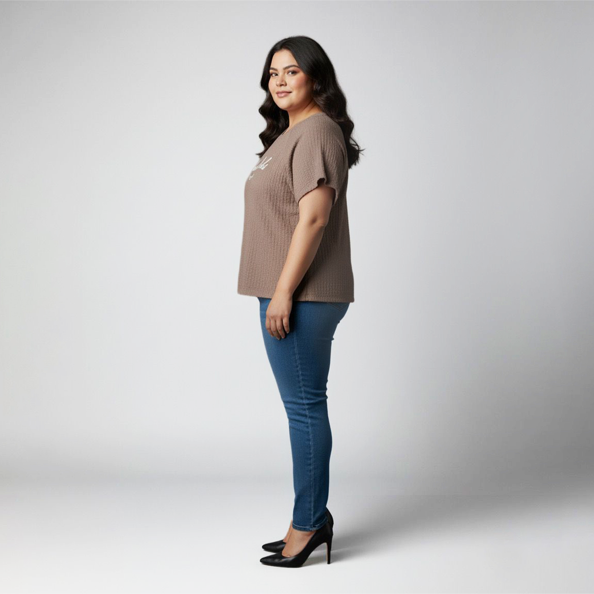 Plus Size Mocha Textured Knit Chest Print Raglan Sleeves Top by CALAE | Sizes Available L to 7XL