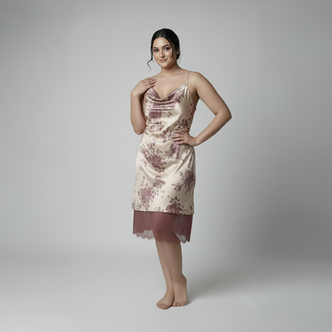Woman wearing a pink floral satin nightgown against a plain background