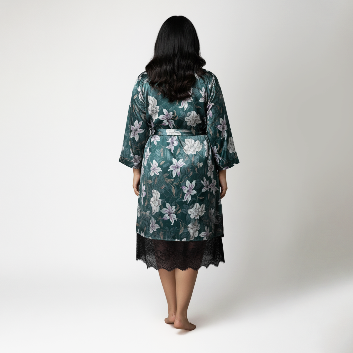 Plus Size Green Printed Satin Cowl Slip Dress and Robe Set by CALAE | Sizes Available L to 7XL