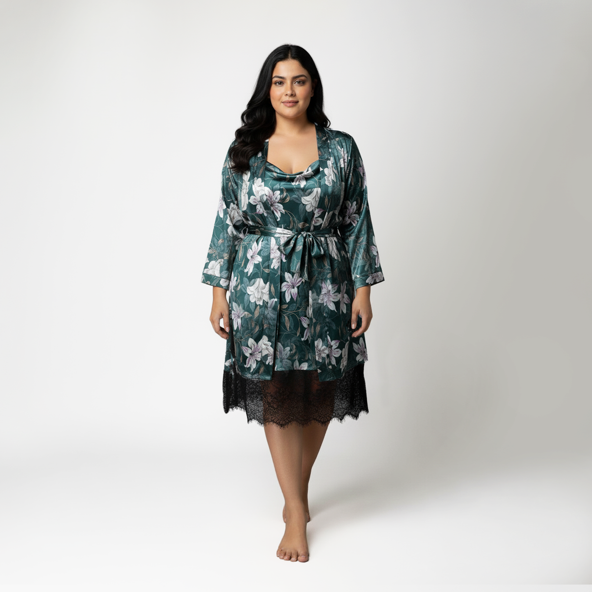 Plus Size Green Printed Satin Cowl Slip Dress and Robe Set by CALAE | Sizes Available L to 7XL