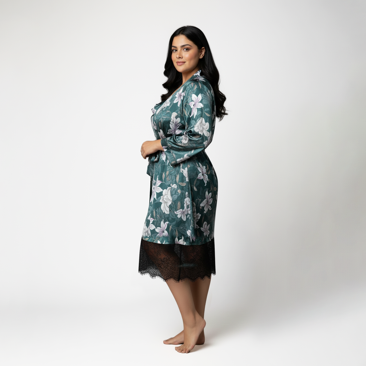 Plus Size Green Printed Satin Cowl Slip Dress and Robe Set by CALAE | Sizes Available L to 7XL