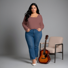 Dusty Pink Plus-Size Square Neck Full Sleeves Top